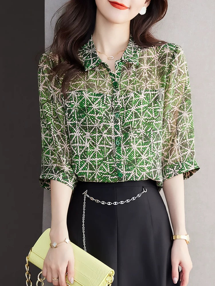 Mid-sleeve floral chiffon shirt 2024 new women's fashionable and elegant loose-fitting belly-covering top and slim-fitting shirt