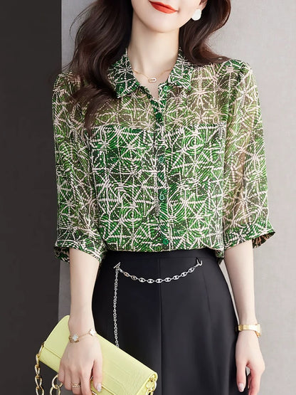 Mid-sleeve floral chiffon shirt 2024 new women's fashionable and elegant loose-fitting belly-covering top and slim-fitting shirt