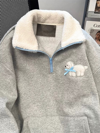 Korean-style design puppy collar half-zip sweatshirt for women, autumn and winter thickened fleece long-sleeved polo shirt top/jacket