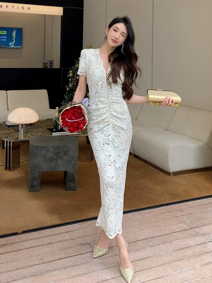 French retro palace style high-end light luxury hand-ordered long lace slim dress short-sleeved V-neck dress