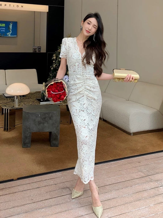 French retro palace style high-end light luxury hand-ordered long lace slim dress short-sleeved V-neck dress