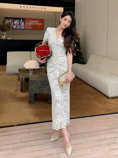French retro palace style high-end light luxury hand-ordered long lace slim dress short-sleeved V-neck dress