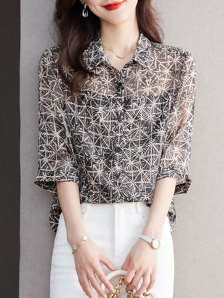 Mid-sleeve floral chiffon shirt 2024 new women's fashionable and elegant loose-fitting belly-covering top and slim-fitting shirt
