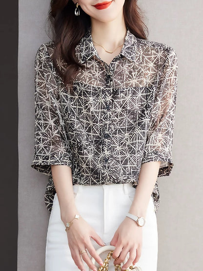 Mid-sleeve floral chiffon shirt 2024 new women's fashionable and elegant loose-fitting belly-covering top and slim-fitting shirt