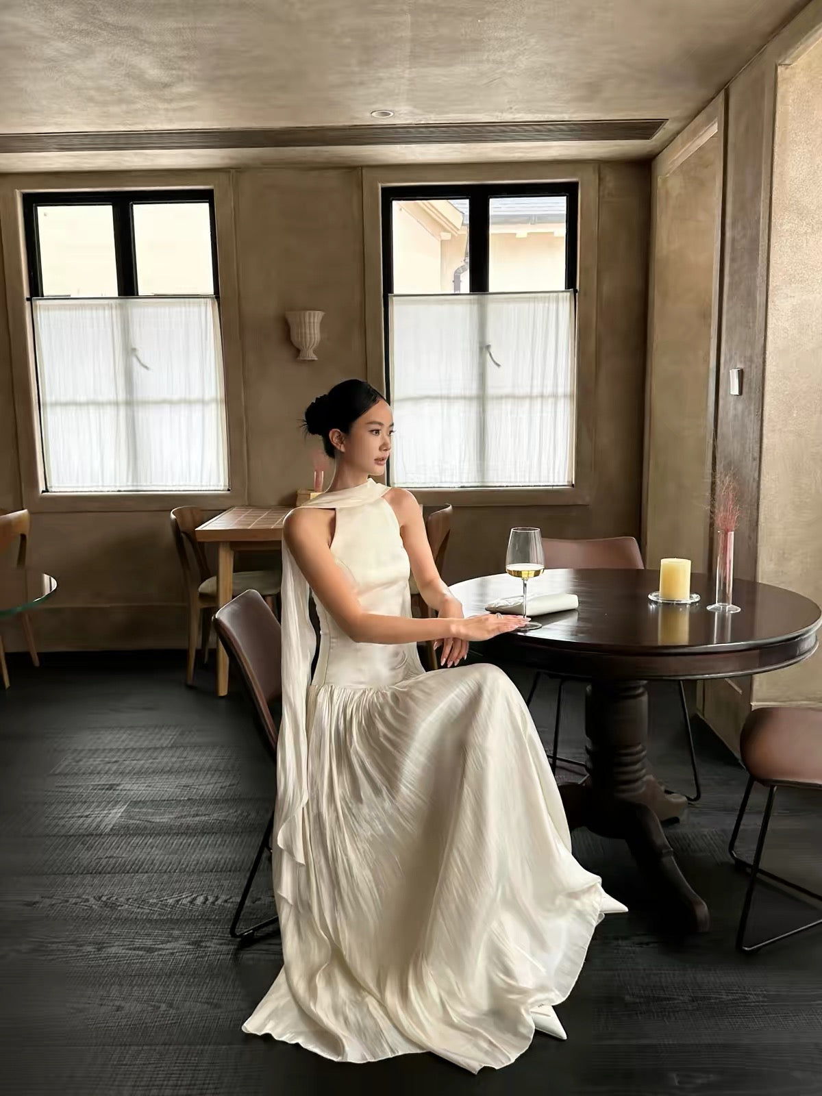 VENUIE French-style satin halter dress—an exquisite, elegant long gown perfect for graduation, engagement, birthdays, or semi-formal occasions.