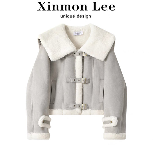 XinmonLee design retro versatile short lamb wool coat winter women's thickened loose long-sleeved top