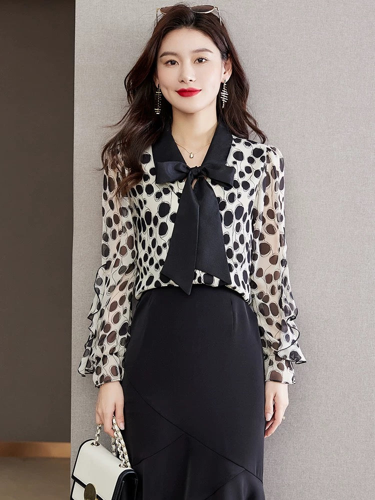 Silk shirt women's high-end 2025 autumn new big-name mulberry silk long-sleeved top versatile bow shirt