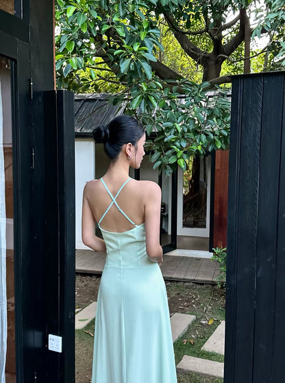 VENUIE Green French-Style Halter-Neck Dress – Mint Green Backless Maxi Dress for Seaside Vacations