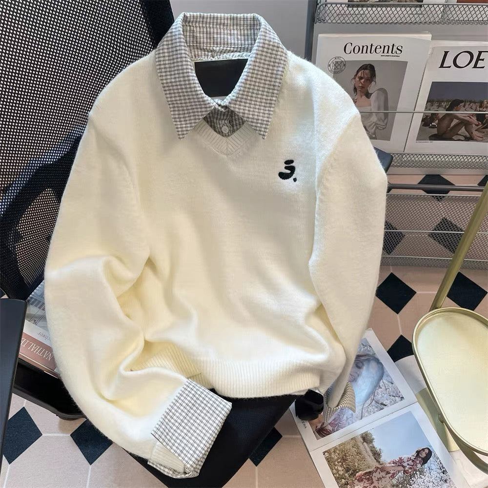 Korean retro style plaid loose sweater for women, autumn and winter preppy style, polo collar knit top