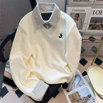 Korean retro style plaid loose sweater for women, autumn and winter preppy style, polo collar knit top