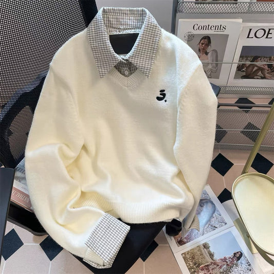 Korean retro style plaid loose sweater for women, autumn and winter preppy style, polo collar knit top