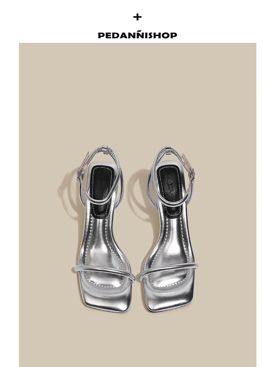Pei Dani silver high heels for women with stiletto heels for summer with skirts French style strap Roman stunning sandals for women that feel like they are stepping on shit