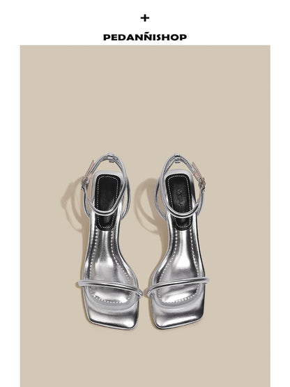 Pei Dani silver high heels for women with stiletto heels for summer with skirts French style strap Roman stunning sandals for women that feel like they are stepping on shit