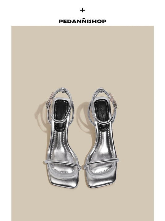 Pei Dani silver high heels for women with stiletto heels for summer with skirts French style strap Roman stunning sandals for women that feel like they are stepping on shit