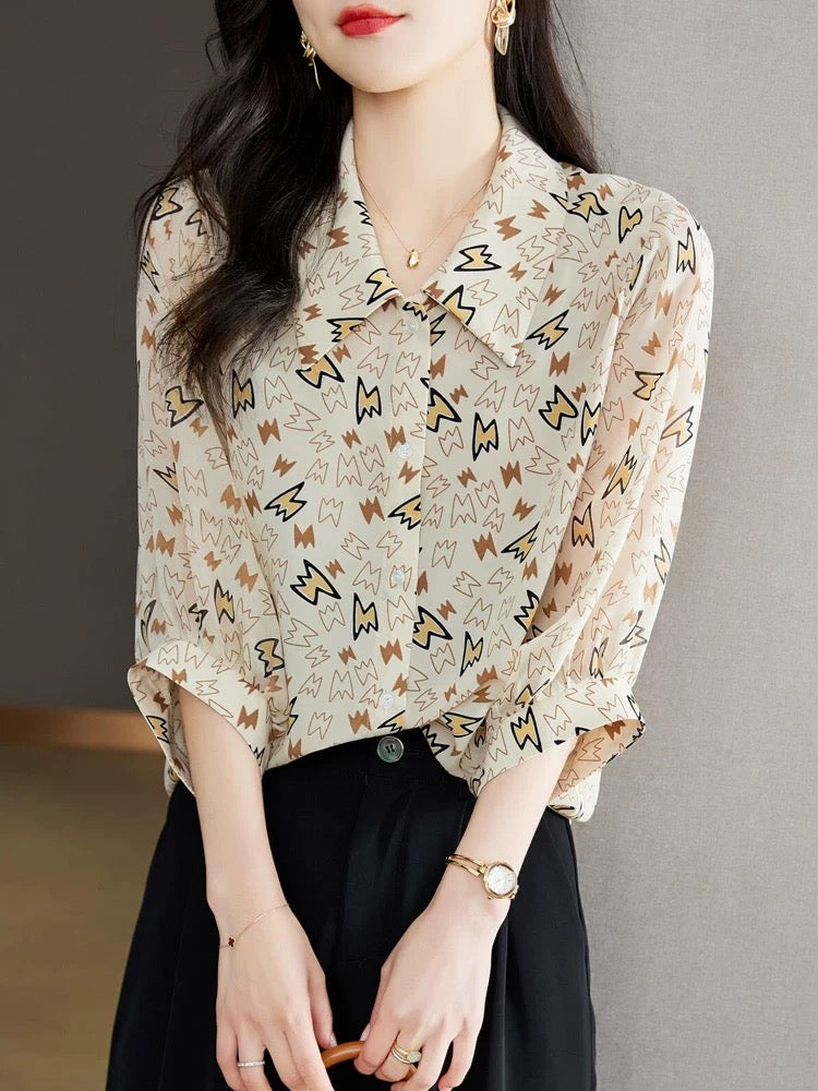 Small shirt three-quarter sleeve top for women summer 2024 new high-end floral women's shirt short-sleeved chiffon shirt shirt