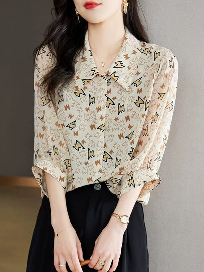 Small shirt three-quarter sleeve top for women summer 2024 new high-end floral women's shirt short-sleeved chiffon shirt shirt