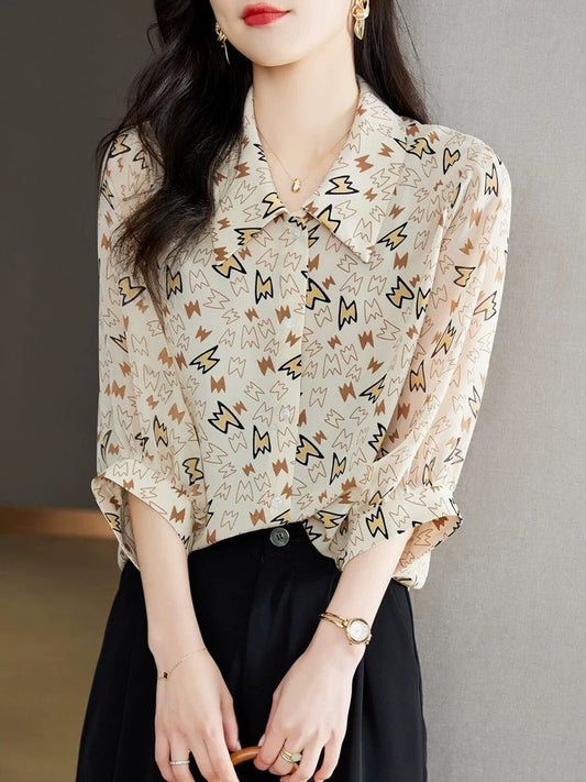 Small shirt three-quarter sleeve top for women summer 2024 new high-end floral women's shirt short-sleeved chiffon shirt shirt