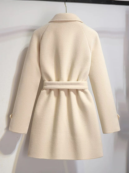 This year's popular woolen coat for women 2023 new autumn and winter high-end beige waist mid-length woolen coat