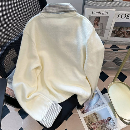 Korean retro style plaid loose sweater for women, autumn and winter preppy style, polo collar knit top