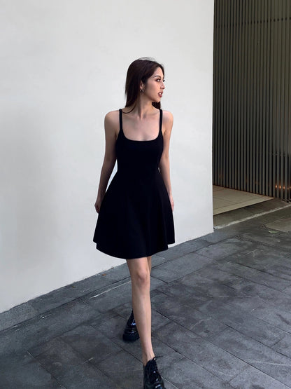 NEVA HU Black Square Neck Suspender Dress Women's Summer A-Line Short Skirt High-end Temperament Waist Skirt