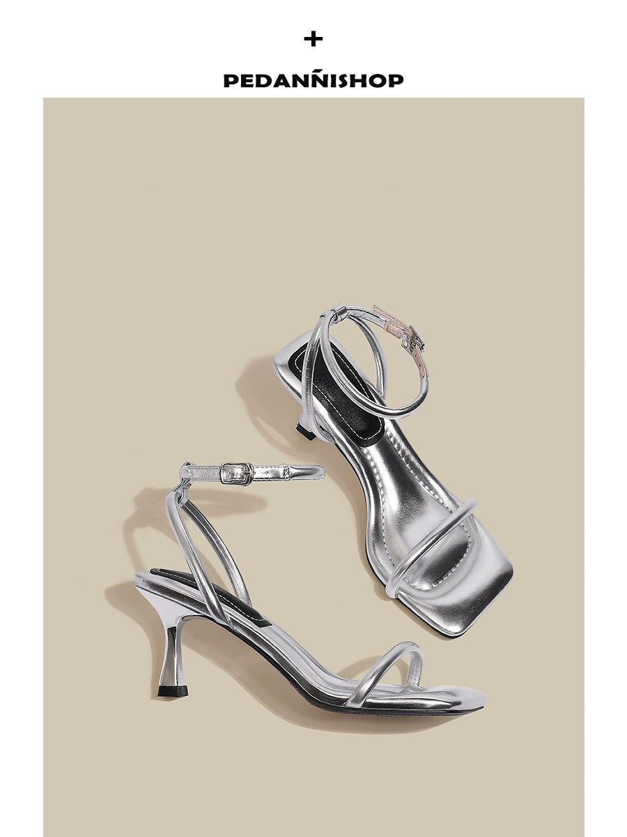 Pei Dani silver high heels for women with stiletto heels for summer with skirts French style strap Roman stunning sandals for women that feel like they are stepping on shit