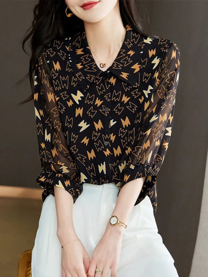 Small shirt three-quarter sleeve top for women summer 2024 new high-end floral women's shirt short-sleeved chiffon shirt shirt