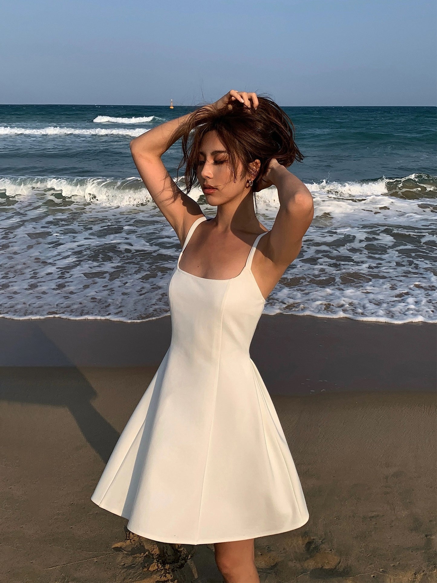 NEVA HU Black Square Neck Suspender Dress Women's Summer A-Line Short Skirt High-end Temperament Waist Skirt