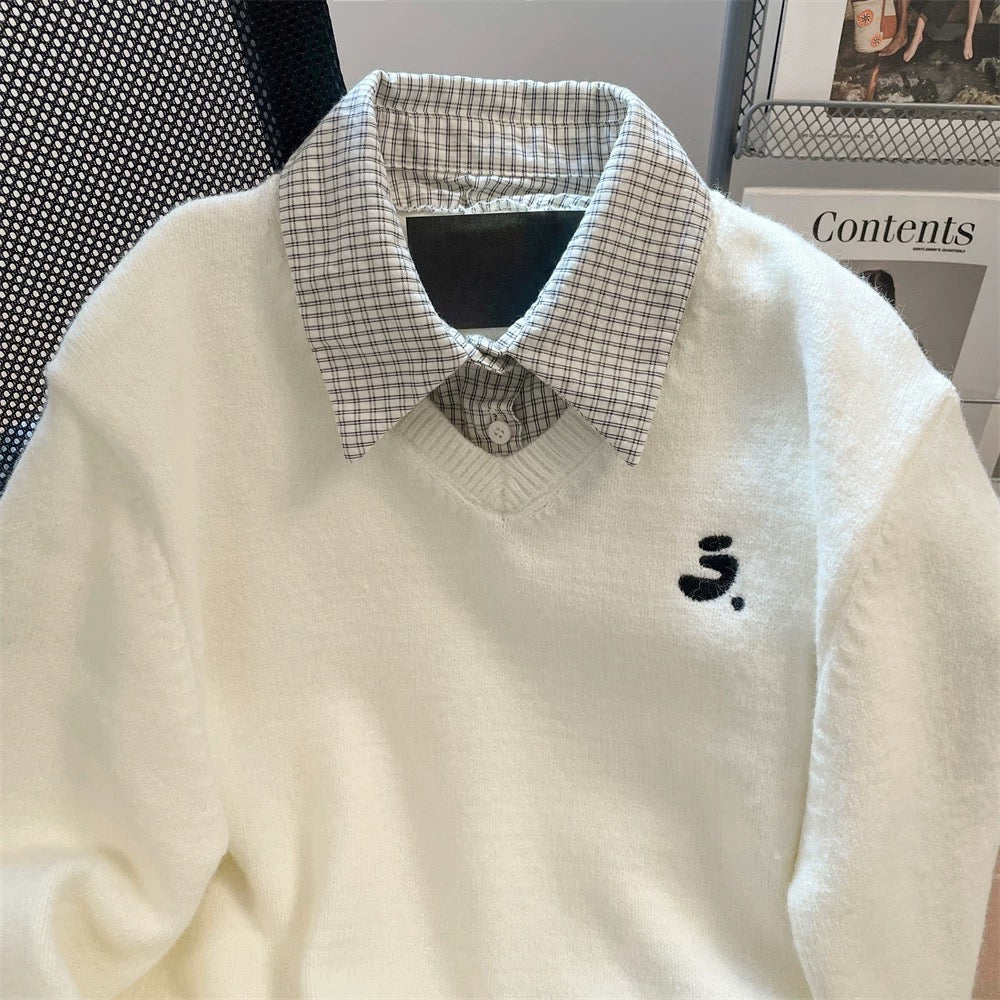 Korean retro style plaid loose sweater for women, autumn and winter preppy style, polo collar knit top