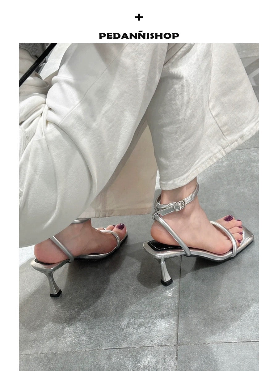 Pei Dani silver high heels for women with stiletto heels for summer with skirts French style strap Roman stunning sandals for women that feel like they are stepping on shit