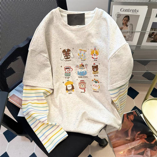Korean style sweet embroidered cartoon sweatshirt, women's autumn two-piece striped knit long-sleeved t-shirt top