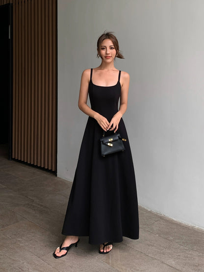 NEVA HU Black Square Neck Suspender Dress Women's Summer A-Line Short Skirt High-end Temperament Waist Skirt