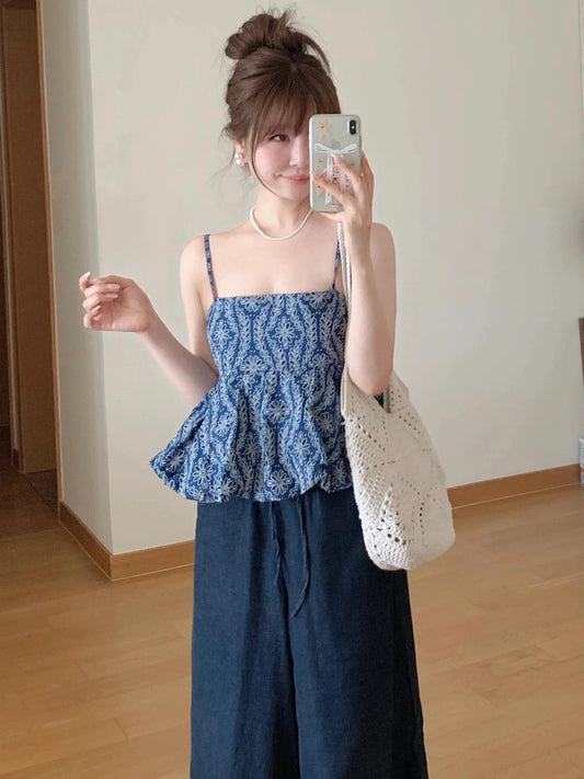 Blue French style beautiful hollow embroidery slim short camisole puffy top female summer wear 3564075