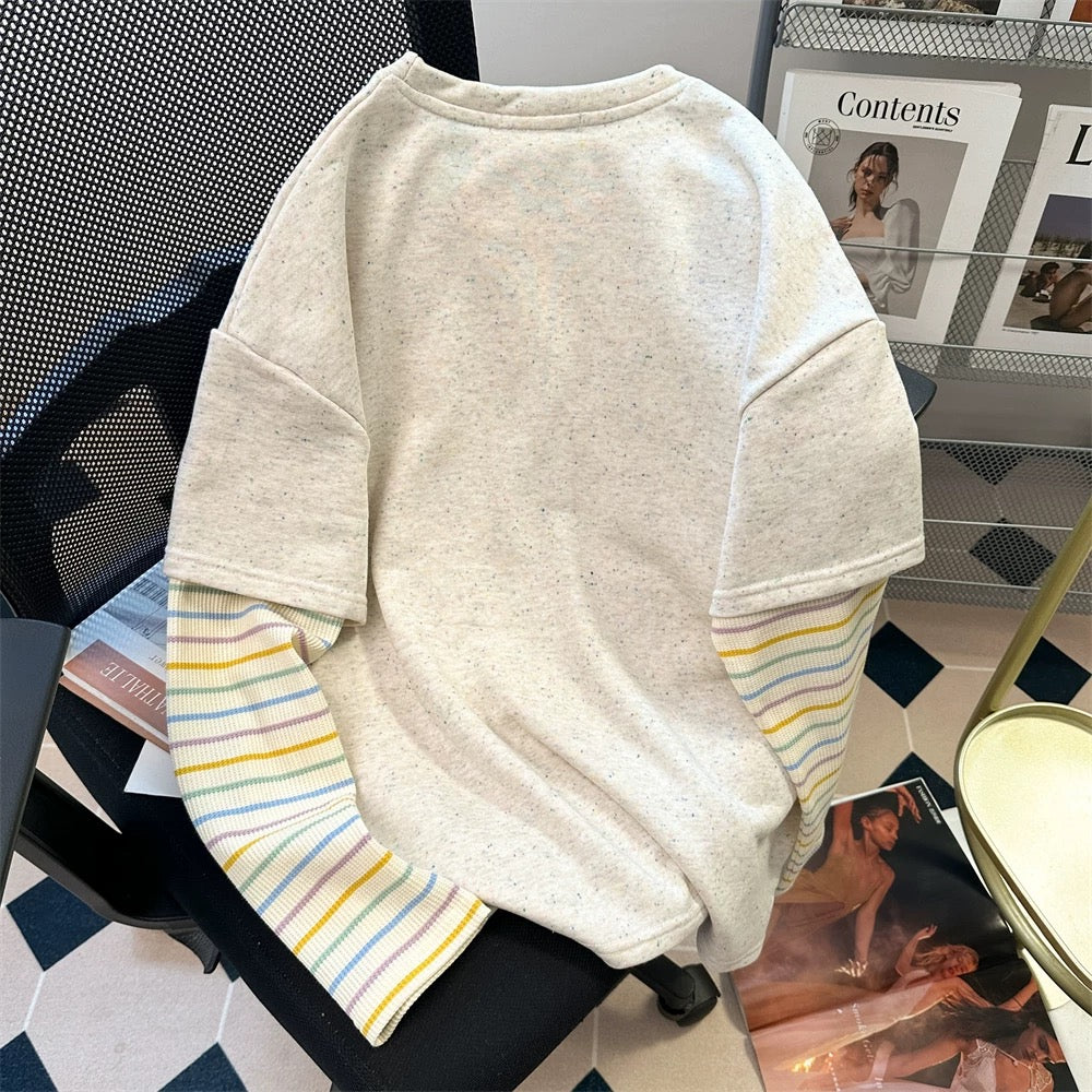 Korean style sweet embroidered cartoon sweatshirt, women's autumn two-piece striped knit long-sleeved t-shirt top