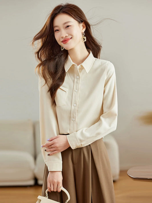 La Chapelle Puella commuter temperament brushed edge pocket long-sleeved shirt women's 2024 autumn new top