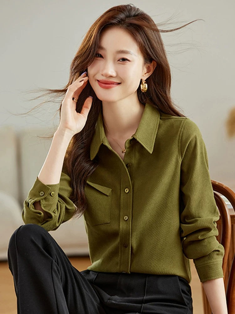 La Chapelle Puella commuter temperament brushed edge pocket long-sleeved shirt women's 2024 autumn new top