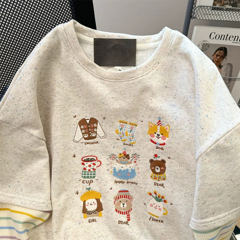 Korean style sweet embroidered cartoon sweatshirt, women's autumn two-piece striped knit long-sleeved t-shirt top