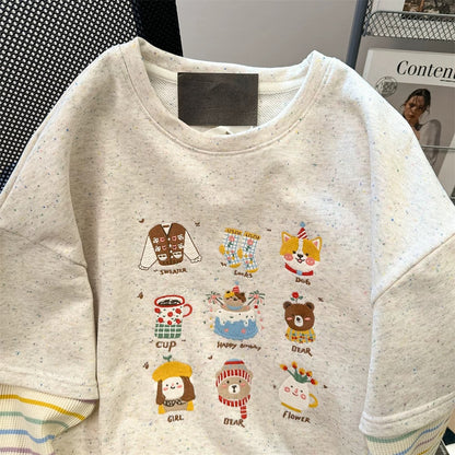 Korean style sweet embroidered cartoon sweatshirt, women's autumn two-piece striped knit long-sleeved t-shirt top