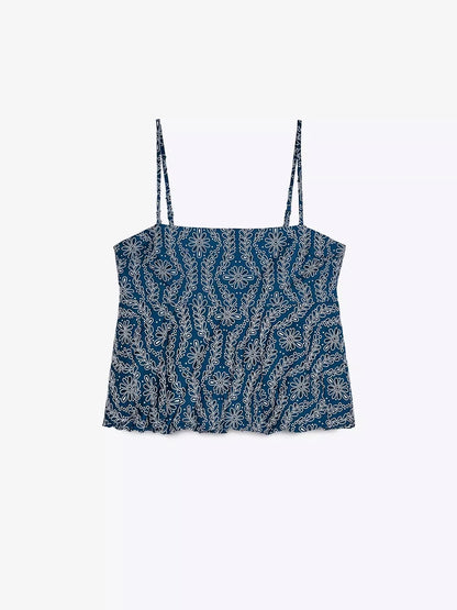 Blue French style beautiful hollow embroidery slim short camisole puffy top female summer wear 3564075
