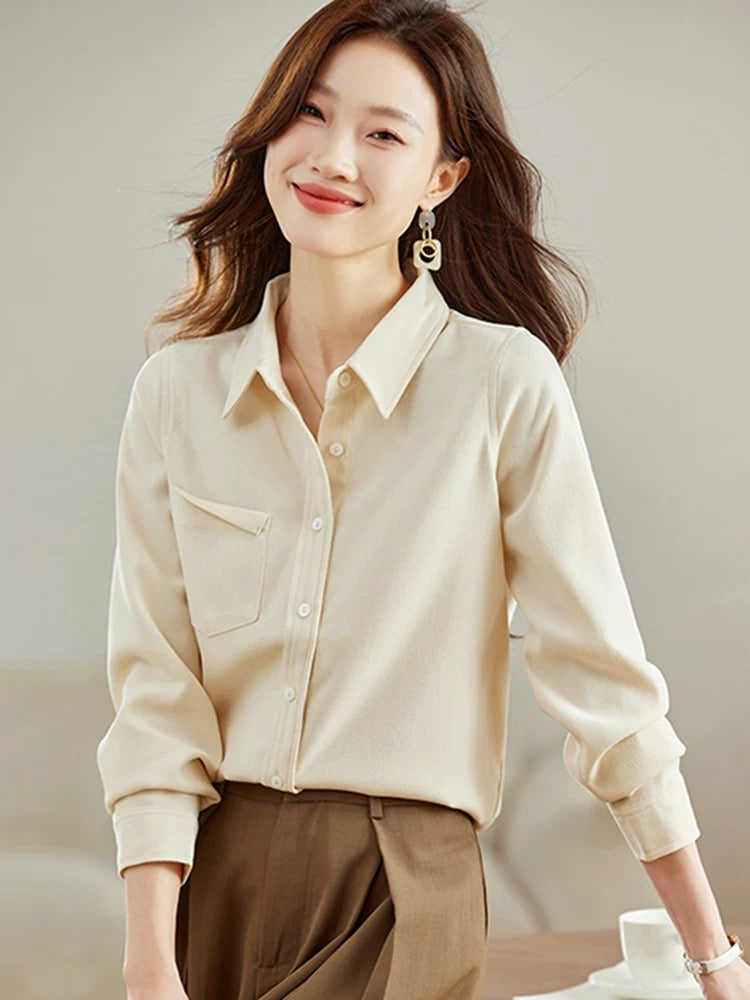 La Chapelle Puella commuter temperament brushed edge pocket long-sleeved shirt women's 2024 autumn new top