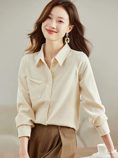 La Chapelle Puella commuter temperament brushed edge pocket long-sleeved shirt women's 2024 autumn new top