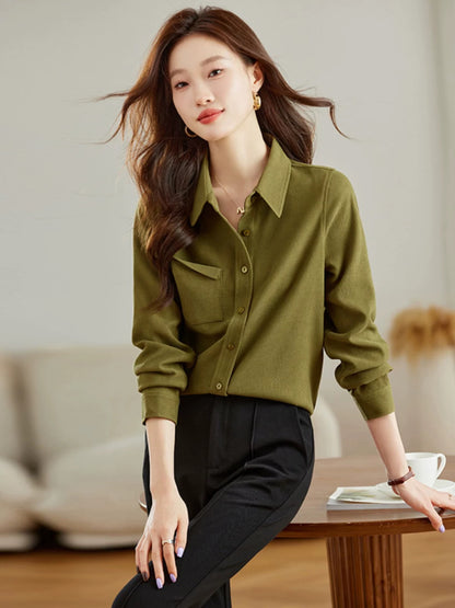 La Chapelle Puella commuter temperament brushed edge pocket long-sleeved shirt women's 2024 autumn new top