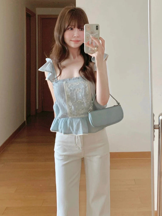 Dopamine French beautiful blue sweet ruffle embroidery small flying sleeve suspenders small top female summer 5107004