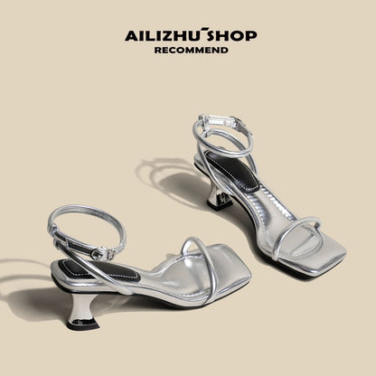 Pei Dani silver high heels for women with stiletto heels for summer with skirts French style strap Roman stunning sandals for women that feel like they are stepping on shit