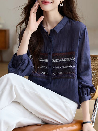 Literary embroidery long-sleeved shirt for women 2024 autumn new retro design lapel ramie shirt fashionable top