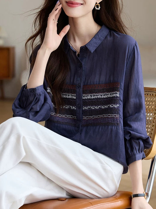 Literary embroidery long-sleeved shirt for women 2024 autumn new retro design lapel ramie shirt fashionable top