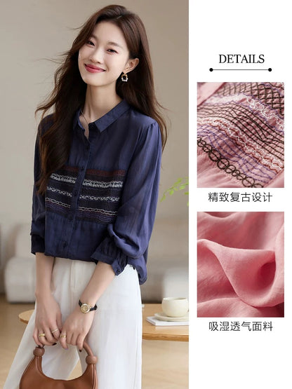 Literary embroidery long-sleeved shirt for women 2024 autumn new retro design lapel ramie shirt fashionable top