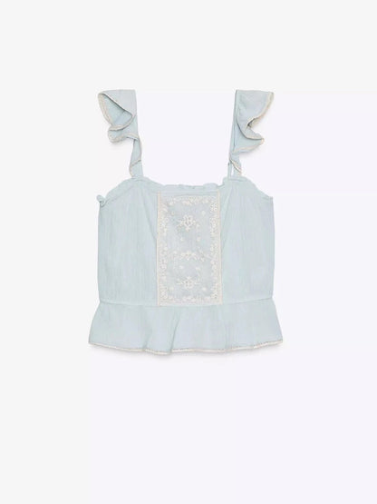 Dopamine French beautiful blue sweet ruffle embroidery small flying sleeve suspenders small top female summer 5107004