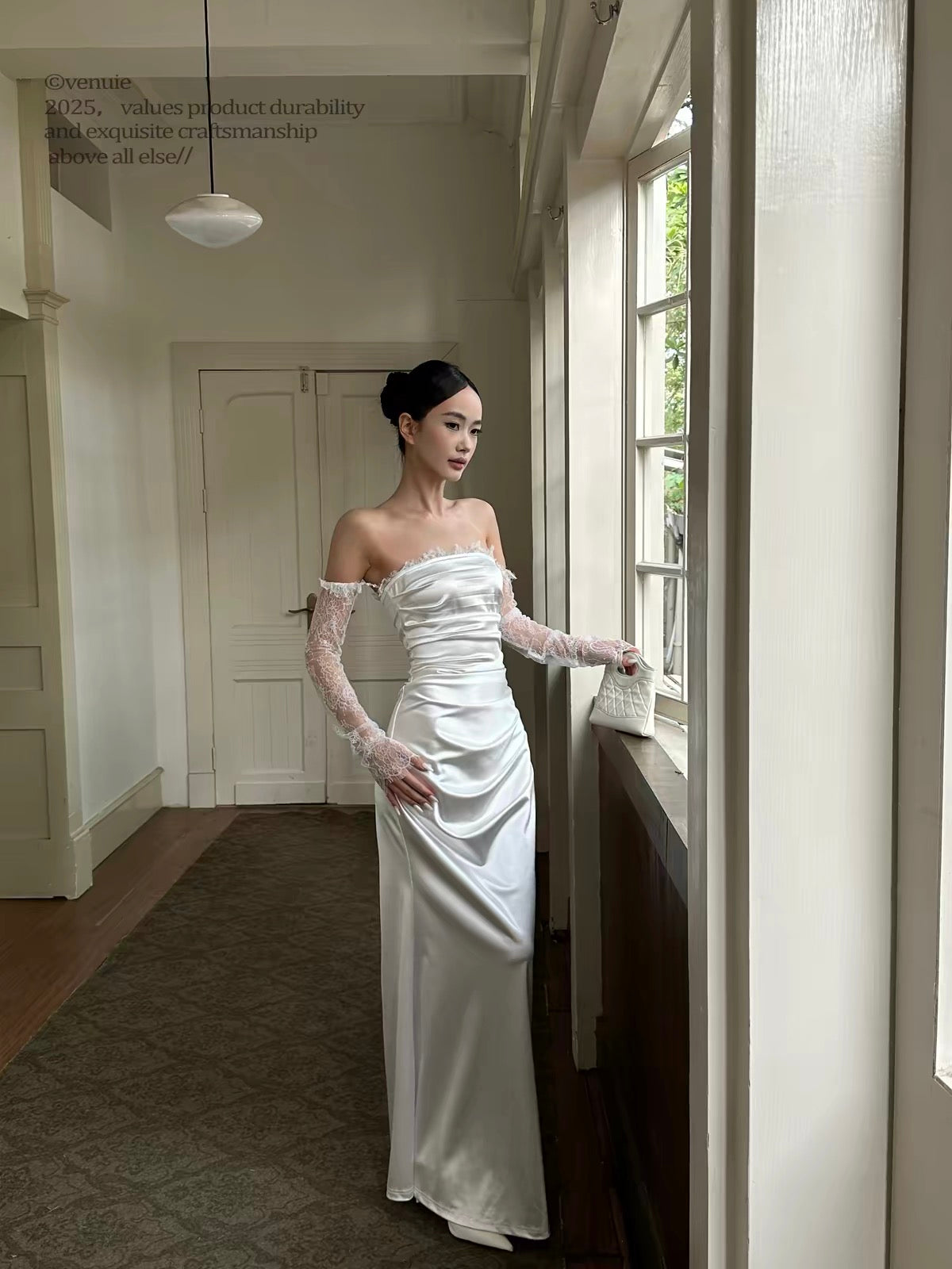 VENUIE French-style satin dress—perfect for annual galas, banquets, birthdays, engagements, or graduation. Features a white strapless design and an elegant, lightweight silhouette