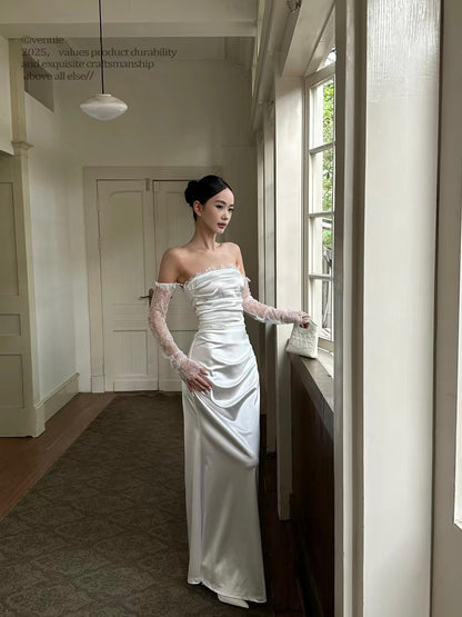 VENUIE French-style satin dress—perfect for annual galas, banquets, birthdays, engagements, or graduation. Features a white strapless design and an elegant, lightweight silhouette