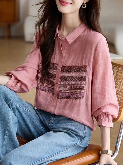 Literary embroidery long-sleeved shirt for women 2024 autumn new retro design lapel ramie shirt fashionable top